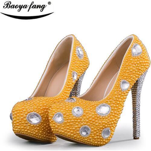 BaoYaFang Gold beads Pearl womens wedding shoes Bride 8cm/11cm/14cm platform shoes high shoes ladies big size Pumps woman shoes
