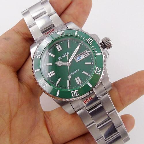 Japan NH36 Movement Sapphire Mens Automatic Watch Day/Date Display Green 316L Oyster Band Glide Lock Ceramic Rotating Bezel