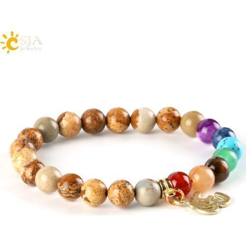 CSJA 8mm 7 Chakra Women Men Bracelets Bangles OM Buddha Sodalite Dalmation Dot Mala Stone Beads Reiki Healing Meditation E450