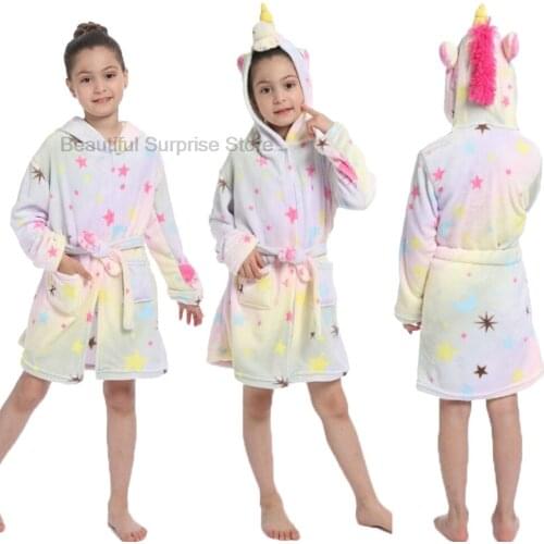 Kigurumi Children Bathrobes Kids Star Rainbow Unicorn Hooded Bath Robe Animal for Girls Pajamas Nightgown Kids Sleepwear