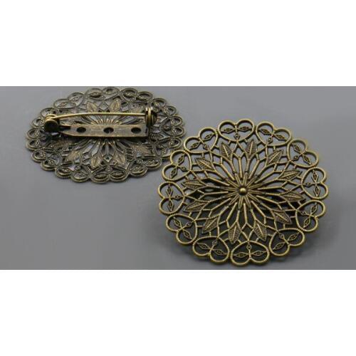 38mm Circle Filigree Hollow Flower Bezel Cabochon Pins Back Brooches Bases Settings Blank DIY Findings Antique Bronze tone Plate