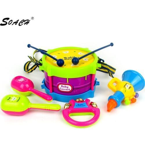 5pcs/set Childrens musical instruments Set Educational Kids Toys Drum / Handbell / Trumpet / Sand Hammer/Drum Sticks tambourin