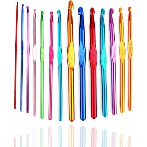 14pcs Metal Handle Crochet Hook Knitting Needles Set Crocheting Needle Tool Aluminum Colored Crochet Sweater Knitting DIY Crafts