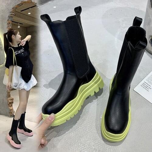 2021 New Woman Thick Bottom Boots PU Leather Solid Outdoor Non-Slip Boots Casual Womens Flats Fashion Ladies Shoes Comfortable
