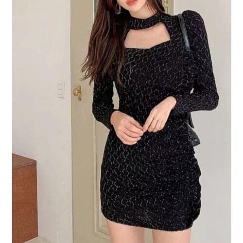New arrival fashion korean party night club dress women OL professional temperament halter velvet black slim pencil mini dress