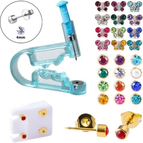 Disposable Sterile Ear Piercing Gun 4mm CZ Crystal Birthstone Stud Earring Cartilage Tragus Helix Piercing Kit Round Butterfly