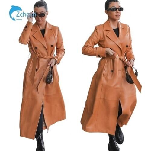 New arrival Women Fall Winter Plus Size long Coats Women Trench Coat Blazers Bandage Pu Leather Windbreaker Jacket For Women