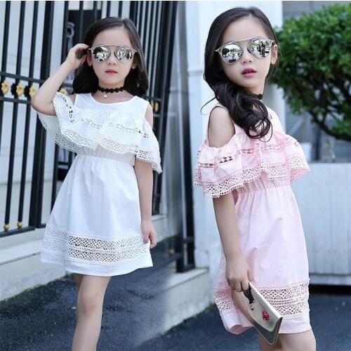 Girls Off Shoulder Dress 2018 Summer Lace Dress Fly Sleeves Teenage Girls Fashion Cotton Hollow Out Dress Girls Clothes