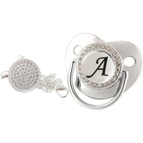 New Rhinestones Silver Baby Pacifier Clip Chain 26 Letters Silicone Infant Nipple Baby Shower Gift BPA Free Dummy Soother