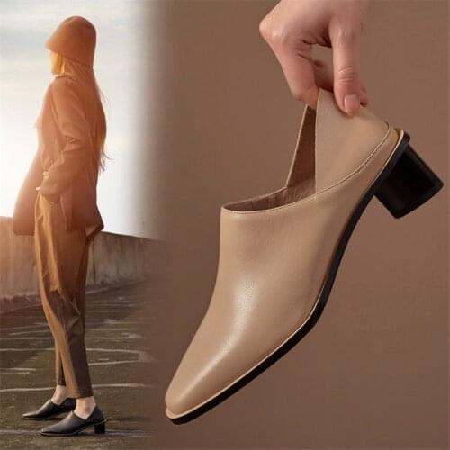 PXELENA Plus Size 34-42 Women Mules Genuine Leather Strange Med Heels Pumps Lady Office Daily Comfort Shoes 2021 Spring Autumn