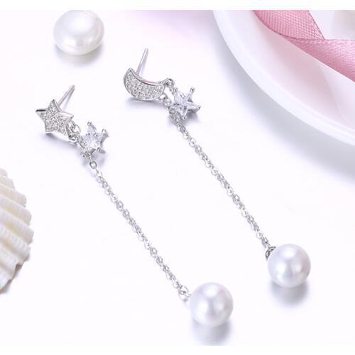 Freshwater Pearl Earrings 925 Sterling Silver Clear CZ Star And Moon Long Chain Drop Earrings For Women Sterling Silver Jewelry
