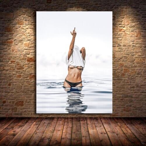 Modern Fashion Black White Poster Sexy Middle Finger Feminist Canvas Painting Wall Art Nude Woman Pictures Living Room Unframed