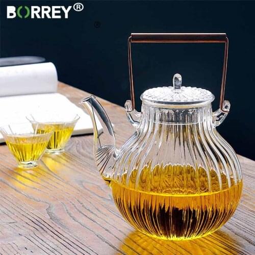 BORREY Glass Teapot Chrysanthemum Petal Pattern Teapot With Filter Handle Stove Microwave Safe Borosilicate Glass coffee Kettle