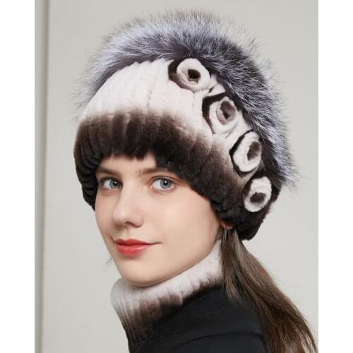 Womens Real Rex Rabbit Fur Hat Winter Rex Rabbit Hairy Peas Striped Top Flower Real Fox Fur Warm Ear Protection Knitted cap