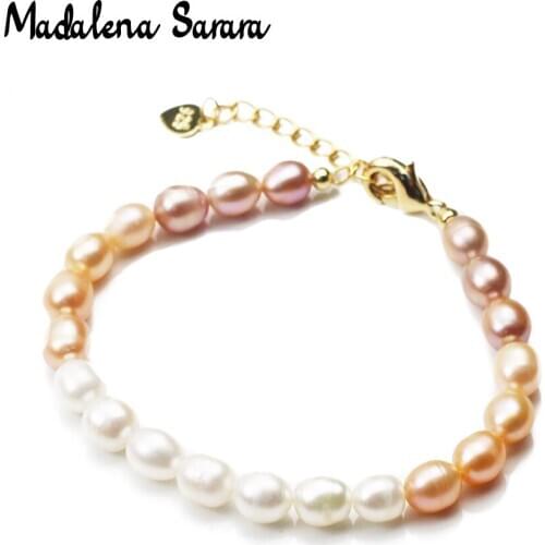 MADALENA SARARA 7-8mm Genuine Freshwater Pearl Bracelet Colorful White Purple Pink Rice Shape Pearl Women Bracelet