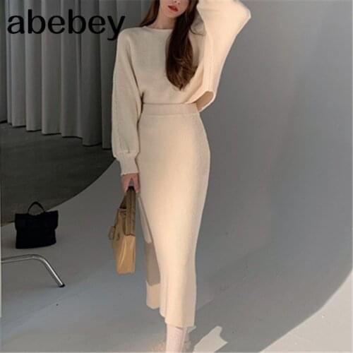 Korean Elegant Knitted Two Piece Skirt Sets Women Short Pullover + High Waist Long Skirt Suits Ladies Fashion 2 Pcs Sets 2021