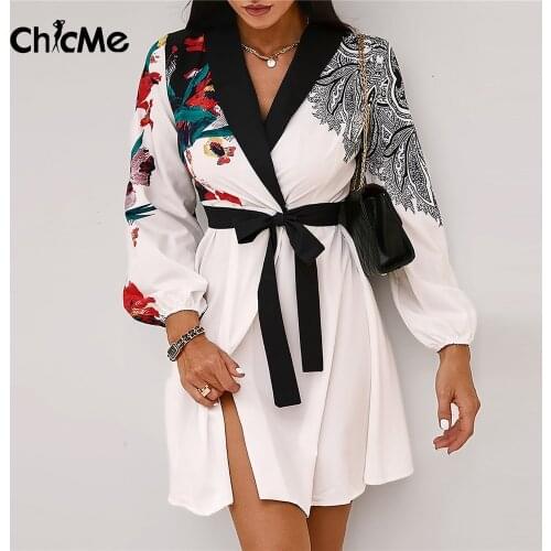 Chicme Autumn Women Print V Neck Lantern Sleeve Slit Casual Belted Dress Femme Loose Streetwear Long Sleeve