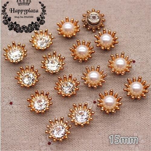 50PCS 15mm Golden Flower Crystal Rhinestone/Pearl Plastic Flatback Button Decoration Sewing Craft Scrapbook Accessories