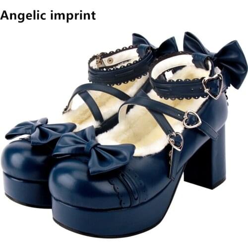 Angelic imprint woman mori girl lolita cosplay shoes lady high heels Pumps women princess dress party shoes bowtie fleeces 8cm