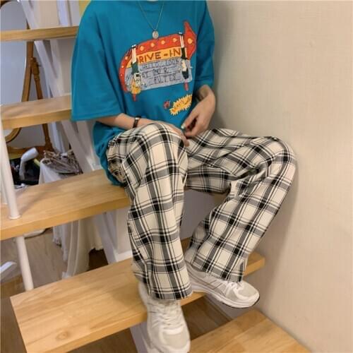 GOOHOJIO Vintage Plaid Pants Elastic Waist Pants Women High Waist Oversize Wide Leg Pants Casual Female Korean Trousers Women