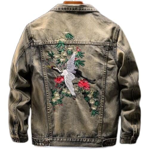 Crane Embroidered Denim Jacket Mens Spring Autumn Chinese Style Retro Large Size Casual Slim Motorcycle Jacket Denim Clothes