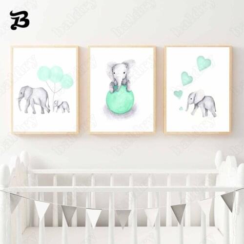Cute Cartoon Elephant Poster Green Balloon and Black Canvas Painting Wall Art Poster Pictures for Kids Baby Room Home Decoration