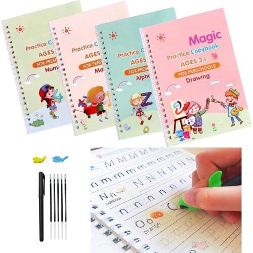 4 Books + Pen Sank Reusable 3D Magic Exercise Book Children 0-10 Writing Stickers Calligraphy English Numbers Montessori Toys
