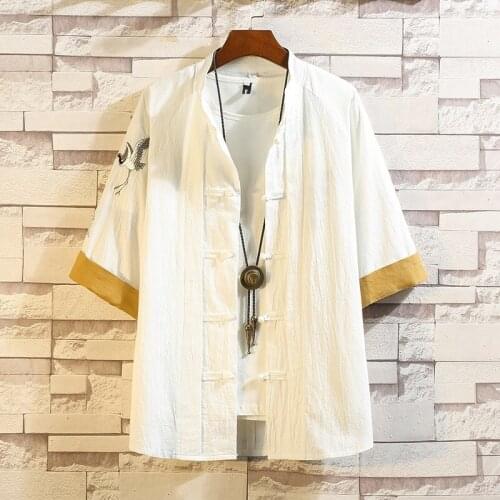 Summer 2021 Crane Embroidery Top Traditional Chinese Clothing For Men Vintage Half Sleeve Shirts Madarin Collar Tang Suit 30257