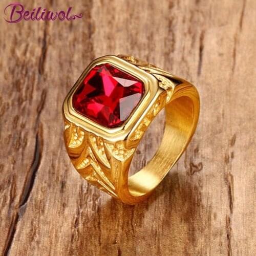 Beiliwol Rings for Men Titanium Steel Gold-color Fine Jewelry Square Red Rhinestones Crystal Stone Luxury Male Engagement Gift