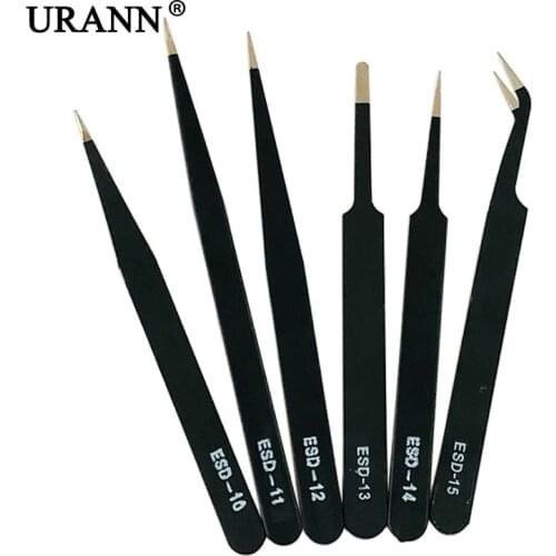 URANN 6Pcs/lot ESD Anti-Static Stainless Steel Tweezer Set Maintenance Repair Tool Kit Anti Static Model Making Tool