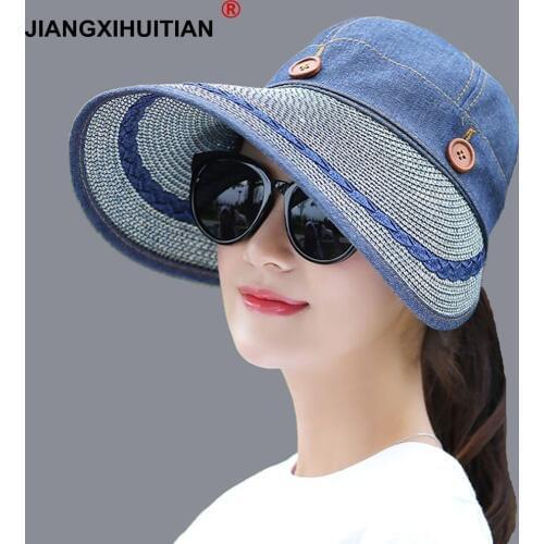 New Hats Women Wide Large Brim Floppy Summer Beach Sun Hat Straw Hat Button Cap Summer Hats For Women Anti-uv Visor Cap Female