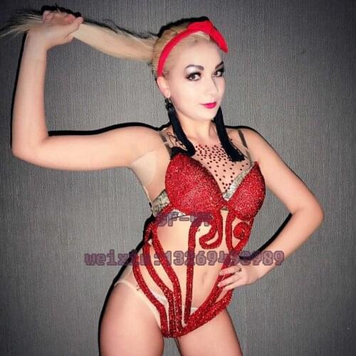Bar and nightclub singer ds party sexy perspective red bright drill the Siamese clothing suitable for stage performance clothing