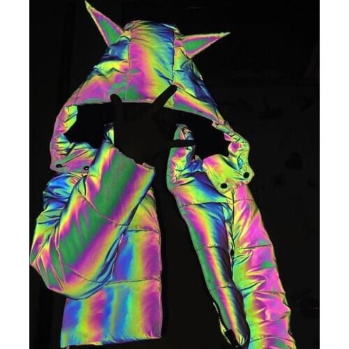 Cute Women Girls Reflective Parkas Down Jackets Reflective Hooded Parka Cool Bling Luminous Hooded Down Jacket Thick Bubble Coat