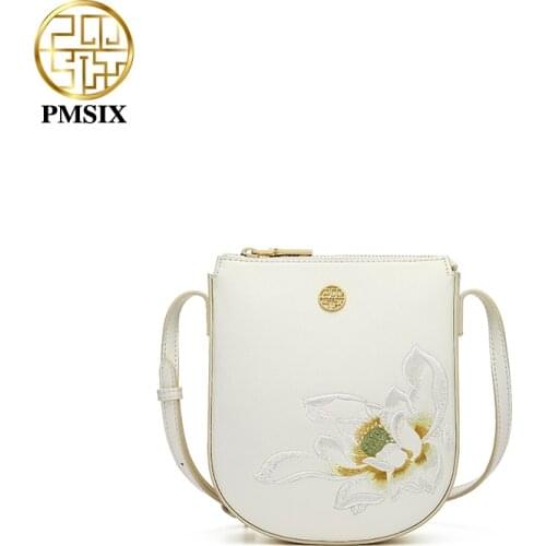 PMSIX Luxury Cow Leather Women Crossbody Bags Elegant Fashion Female Shoulder Bags Embroidery White Simple Single Bag For Ladies
