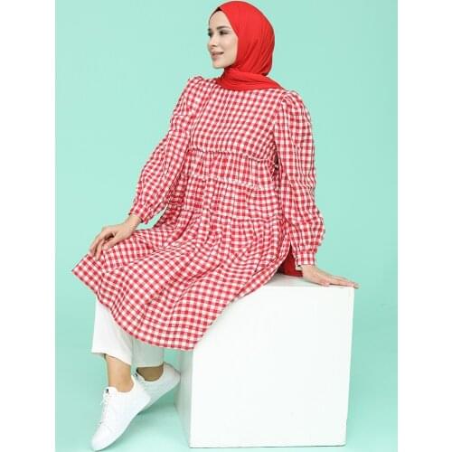 Shirred Plaid Tunic Hijab Clothes Muslim Fashion Top