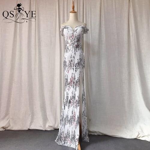 Silver Sequin Evening Dresses Mermaid Sexy Slit Party Dress Off the Shoulder Side Sleeves Long Formal Dress 2021 Fit Celebrity