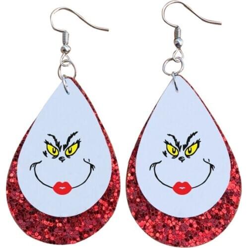 Grinch Stole Christmas Geek Print Earrings Glitter Faux Leather Thanksgiving Day Teardrop Leaf Stock