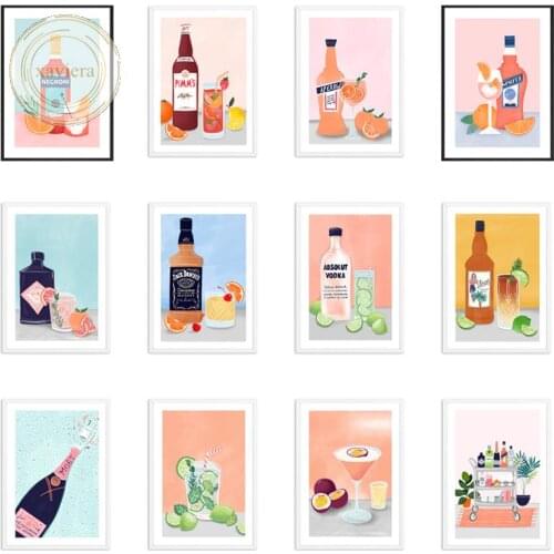 Nordic Cartoon Cocktail Juice Wine Poster Modern Drinks Pink Canvas Painting Wall Art Picture Home Decor Bar Restaurant Kitchen