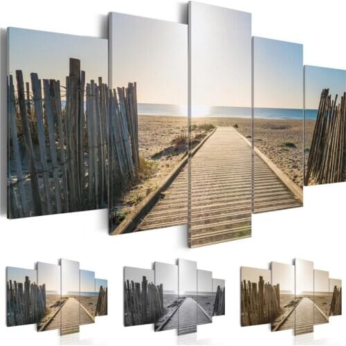 Modern Wall Art 5 Pieces Fence Wooden Trestle Sea Landscape Canvas Print Poster Living Room Home Decoration Picture