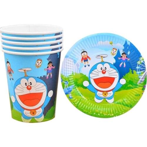 60pcs/lot Doraemon Theme Dishes Glass Baby Shower Decorate Cups Plates Kids Favors Pet Happy Birthday Events Party Tableware