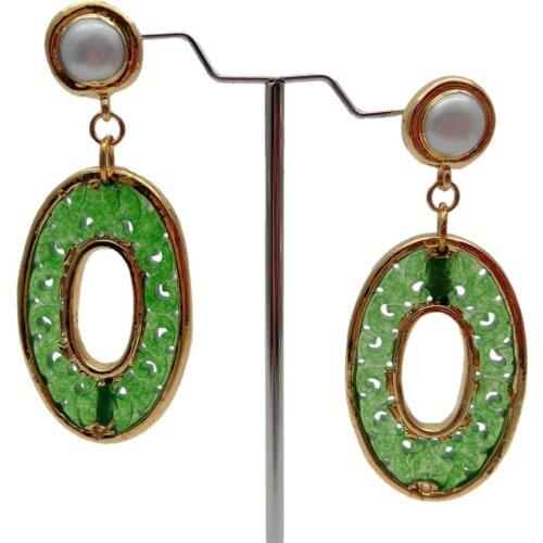 YYGEM Vintage style natural Cultured White Freshwater Pearl Green Jade Carved Dangle Stud Earrings Female Jewelry
