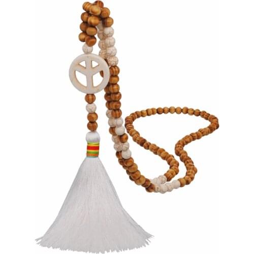 White Wood Beads Necklace Love Peace Pendant Turquoises Stone Tassel Long Sweater Chain Necklaces for Women Boho Yoga Jewelry
