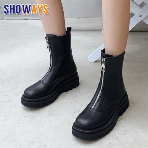 2021 Fashion Front Zipper Women Mid-calf Boots Black White Casual Ladies Round Toe High Thick Heel Winter Platform Chelsea Boots
