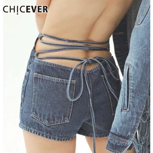 CHICEVER Denim Shorts For Women High Waist Patchwork Bandage Asymmetric Hollow Out Streetwear Blue Short Pants Female 2021 Style