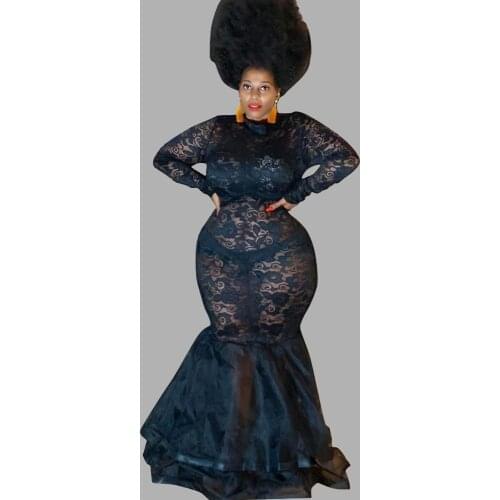 Womens Birthday Maxi Dresses Party Long Sleeve Lace Mesh Dress Transparent Plus Size Black Mermaid Dress Wholesale Dropshipping