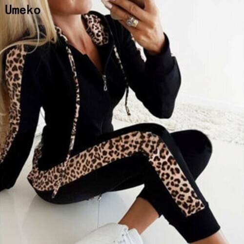 Autumn Winter 2 Piece Set Women Side Leopard Printed Women Suits Warm Plus Size Tracksuit Women Tops Hooded Pantsuit Female