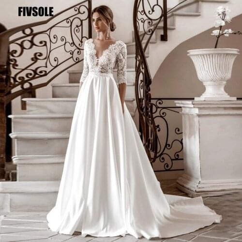 Fivsole Elegant Long Sleeve Lace Wedding Dresses V-Neck Satin A-Line 2021 Vestido De Novia Bridal Gown Autumn New Vintage Simple