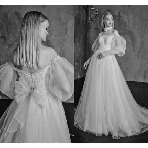 2020 Elegant Beading Evening Dress Long Sleeve Off the Shoulder Prom Dresses With A Big Bow Tulle Vestido De Festa Longo