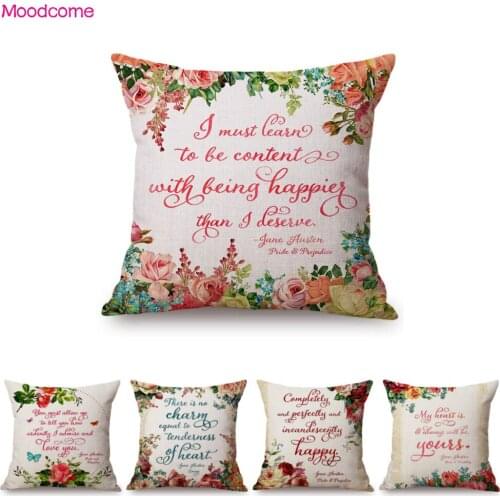 Jane Austen Quotes Flower Wreath Watercolor Letter Art Cotton Linen Sofa Throw Pillow Cover Home Decoration Chair Cushion Cover