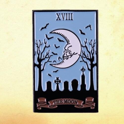 Skull moon Crescent cemetery bats Gothic Tarot Card Enamel Pin Luna Oracle Card Major Arcana Magic Fortune Telling Witch brooch